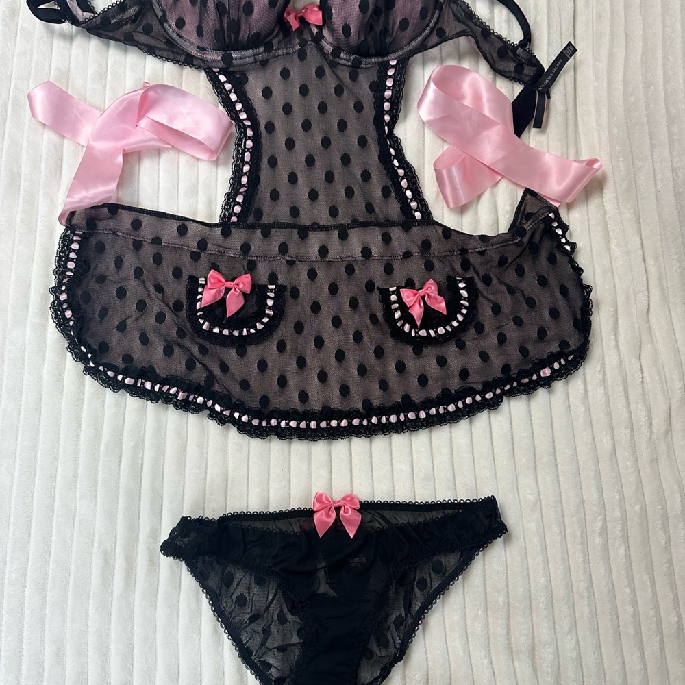 Victoria’s Secret Apron Black and Pink Polka Dot Lingerie Set